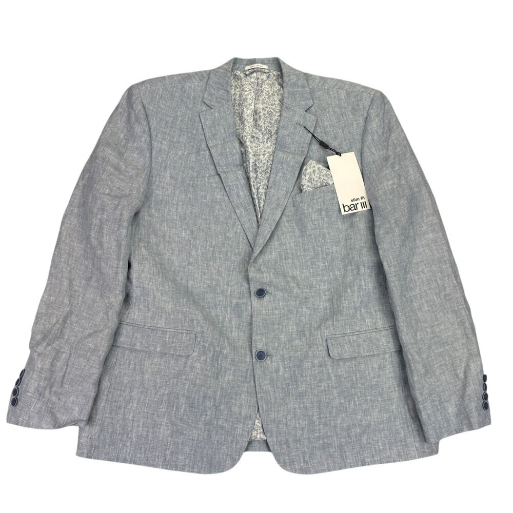 Bar III Mens Slim Fit 100% Linen Solid Suit Jacket Blue 46R